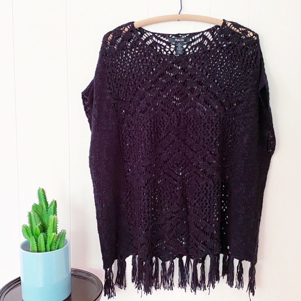 ❌SOLD❌Style & Co Black Knit Crochet Hippie Goth Fringe Top Beach Pool Coverup